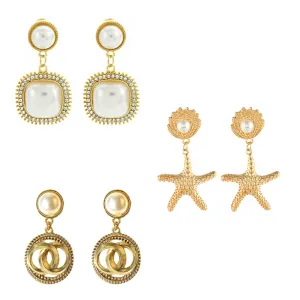 Yellow Chimes Drop Earrings for Women Combo of 3 Pairs Geometric Shaped Gold Plated Pearl Drop Earrings for Women and Girls