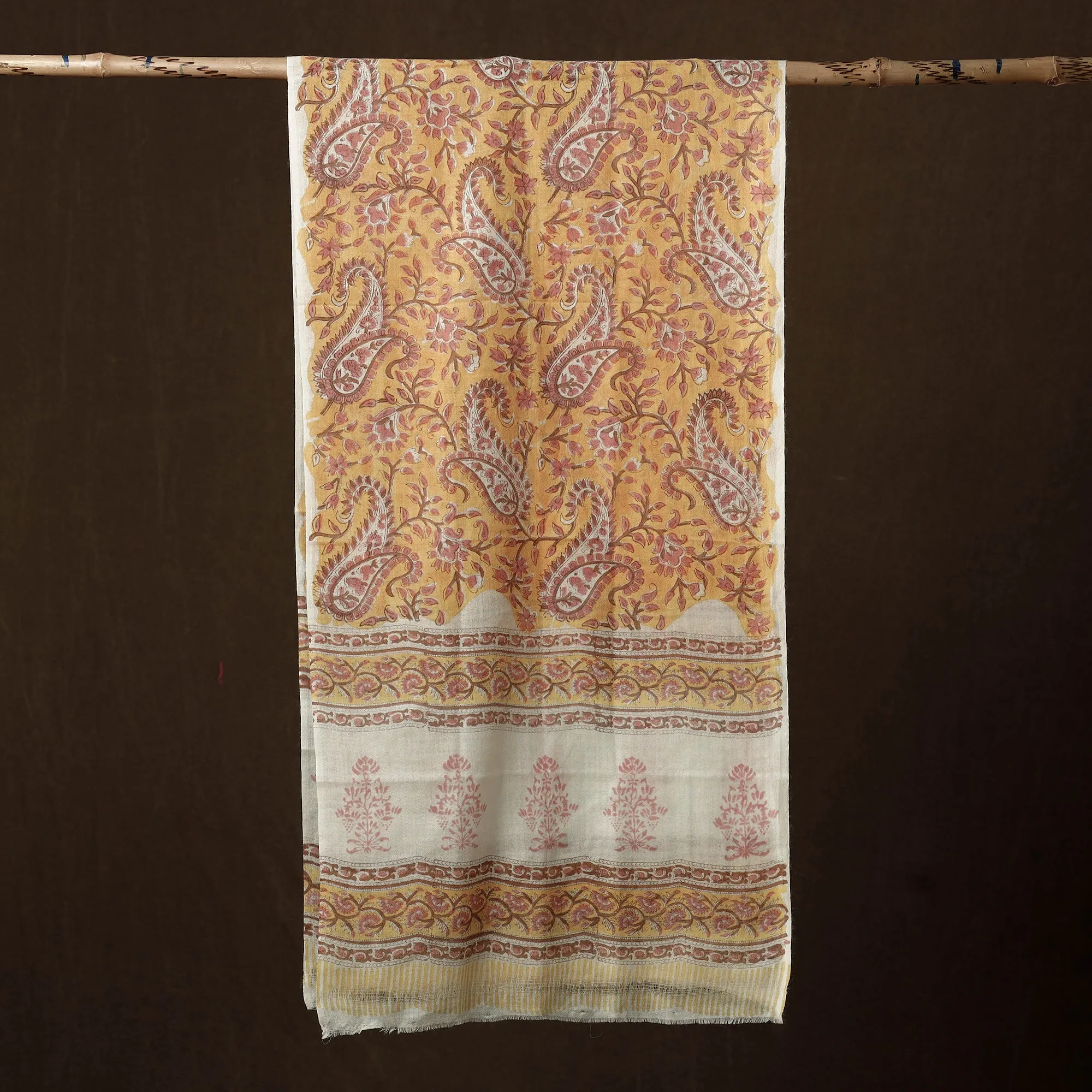 Yellow - Pure Wool Sanganeri Hand Block Printed Stole